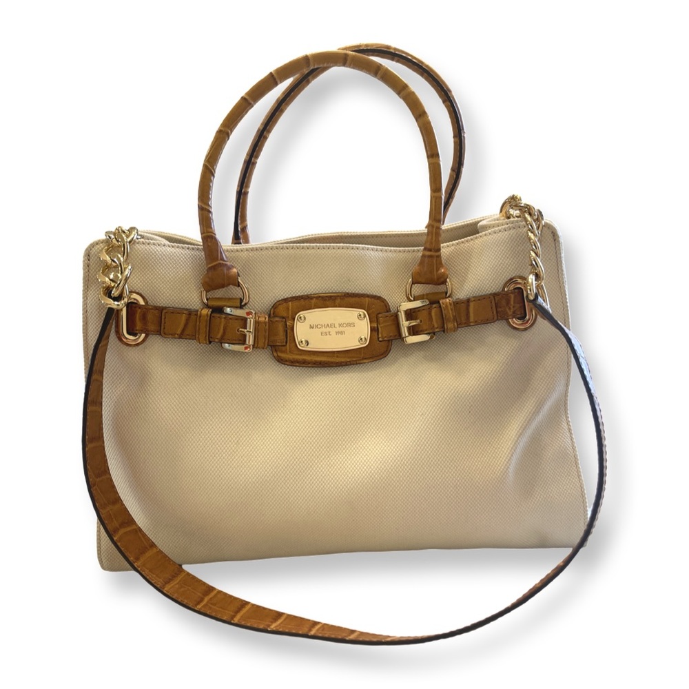 Michael Kors Hamilton Large Canvas Tote | Croc Embossed Leather Trim Cream